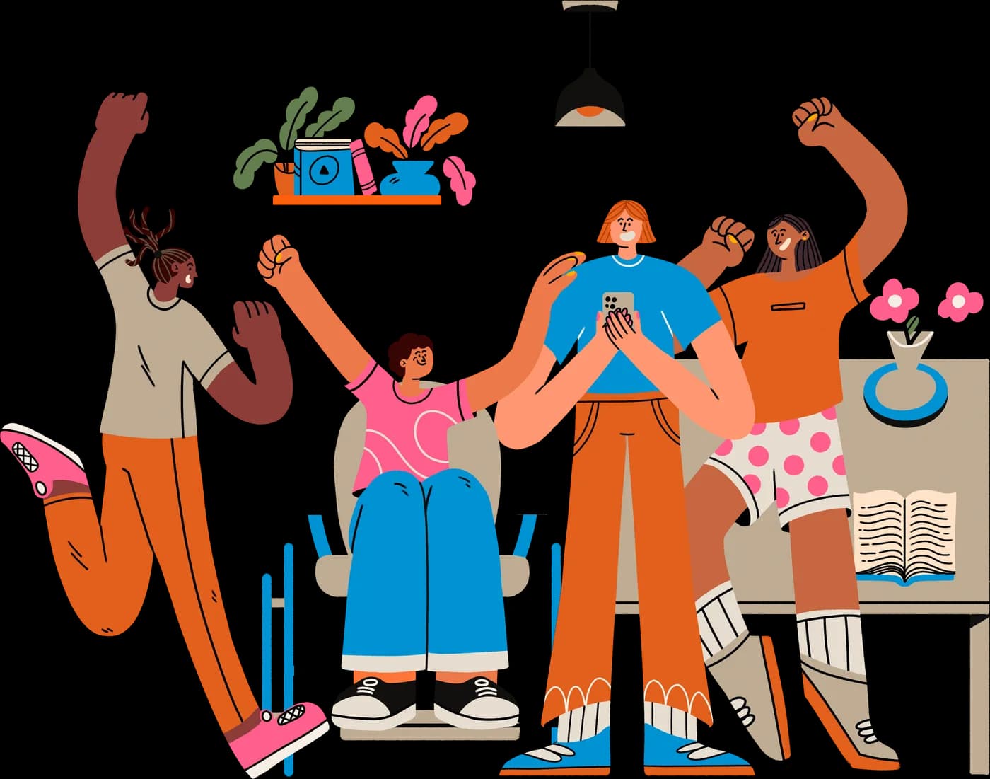 Illustration of friends celebrating in a bright living room