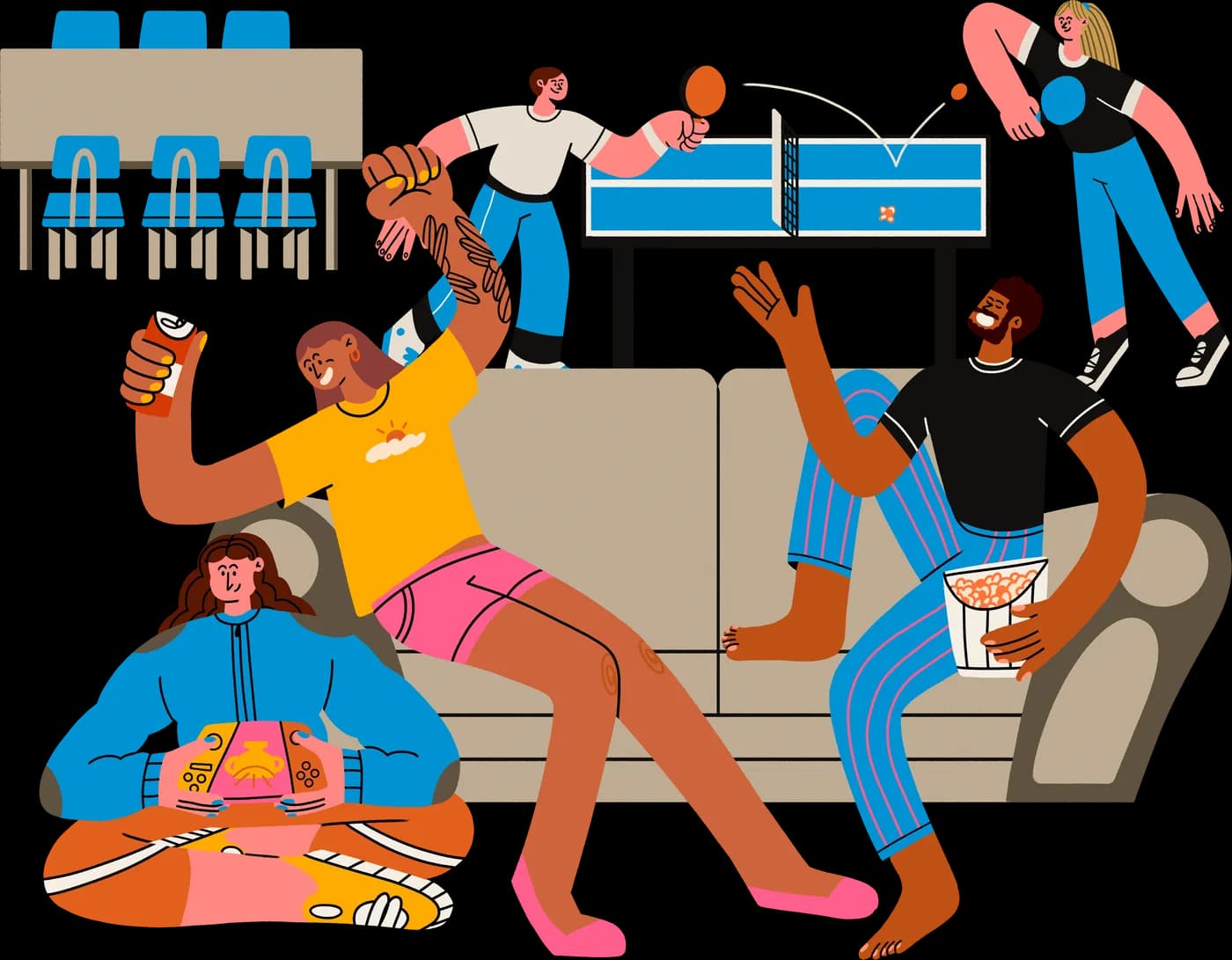 Illustration of friends on a couch and at a ping-pong table