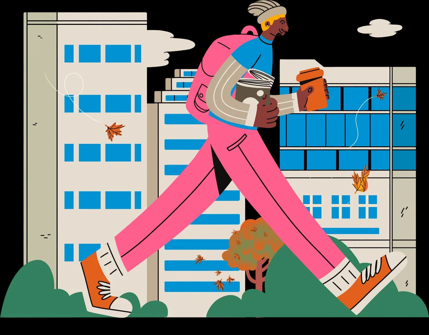 Illustration of a student striding past apartment buildings with a coffee and a stack of books