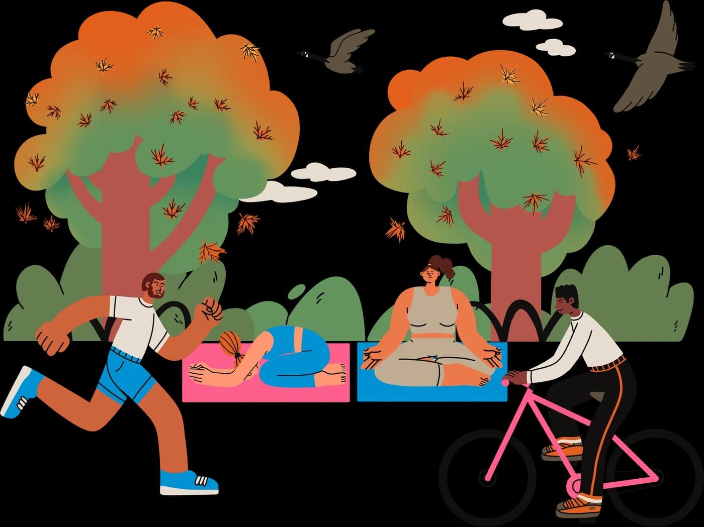 Illustration of a resident unwinding in a sunlit wellness space with plants and a yoga mat