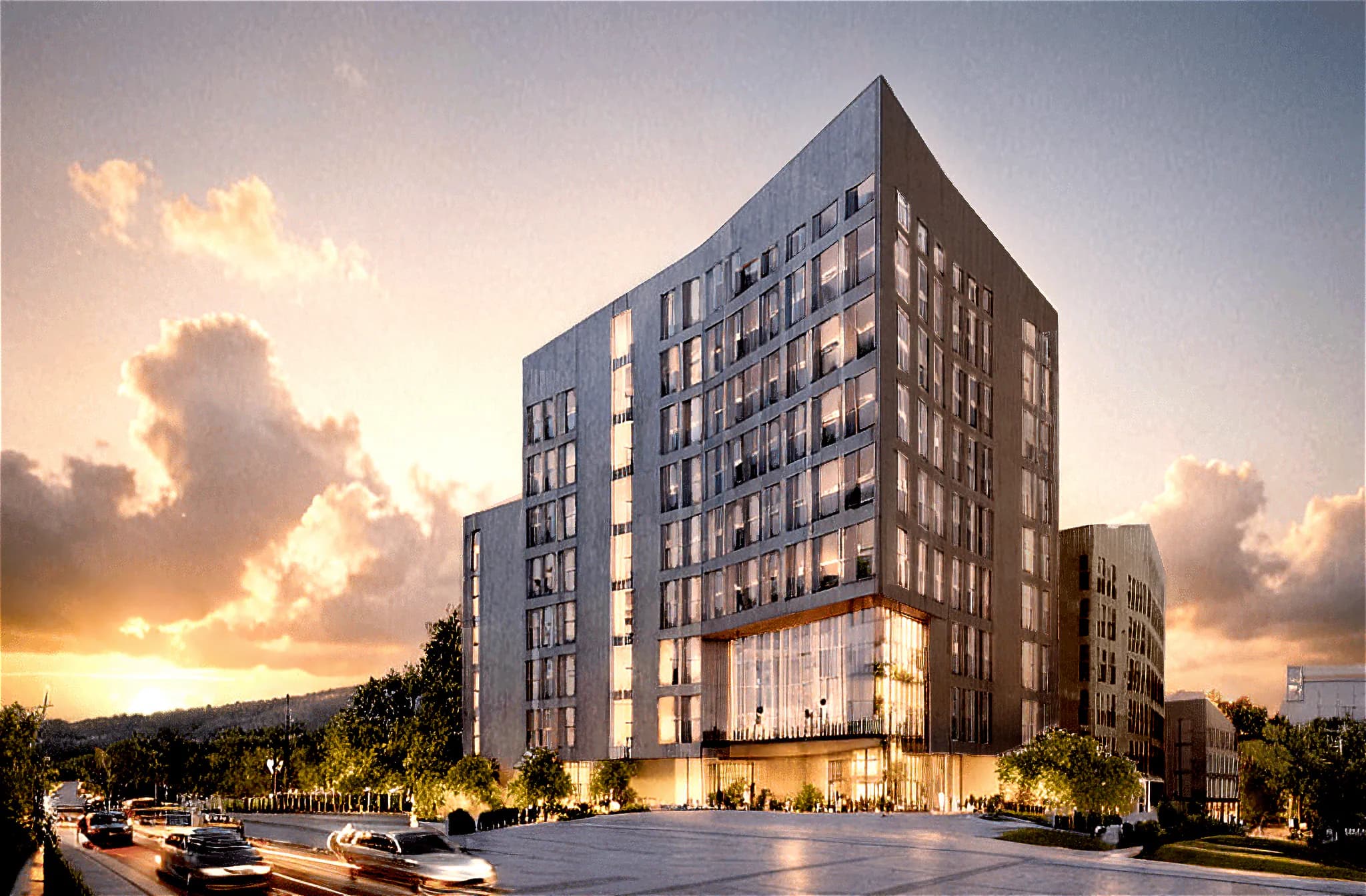 Rendering, Phase 1 gateway building at dusk