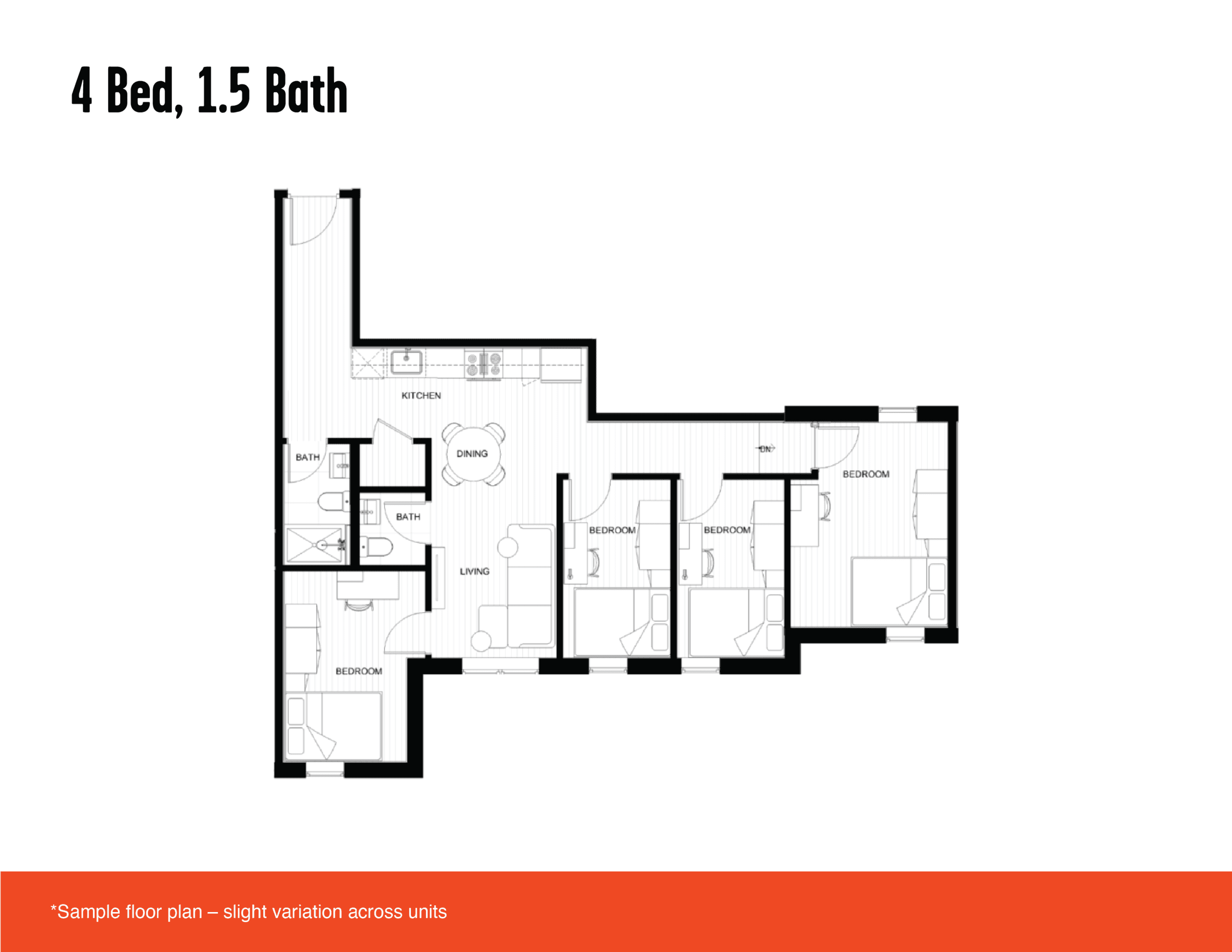 Four bedroom, 1.5 bath floor plan