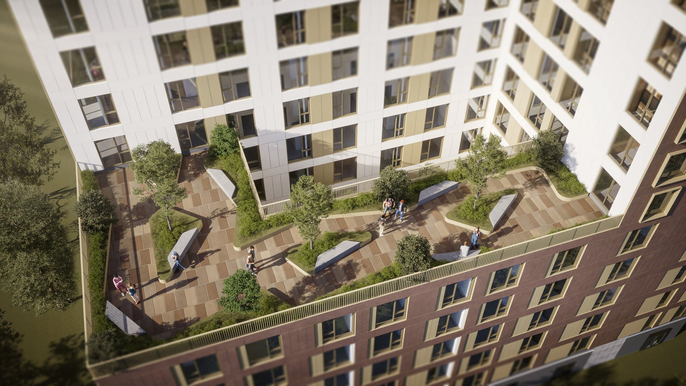 Rendering, courtyard terrace at ALMA Capilano
