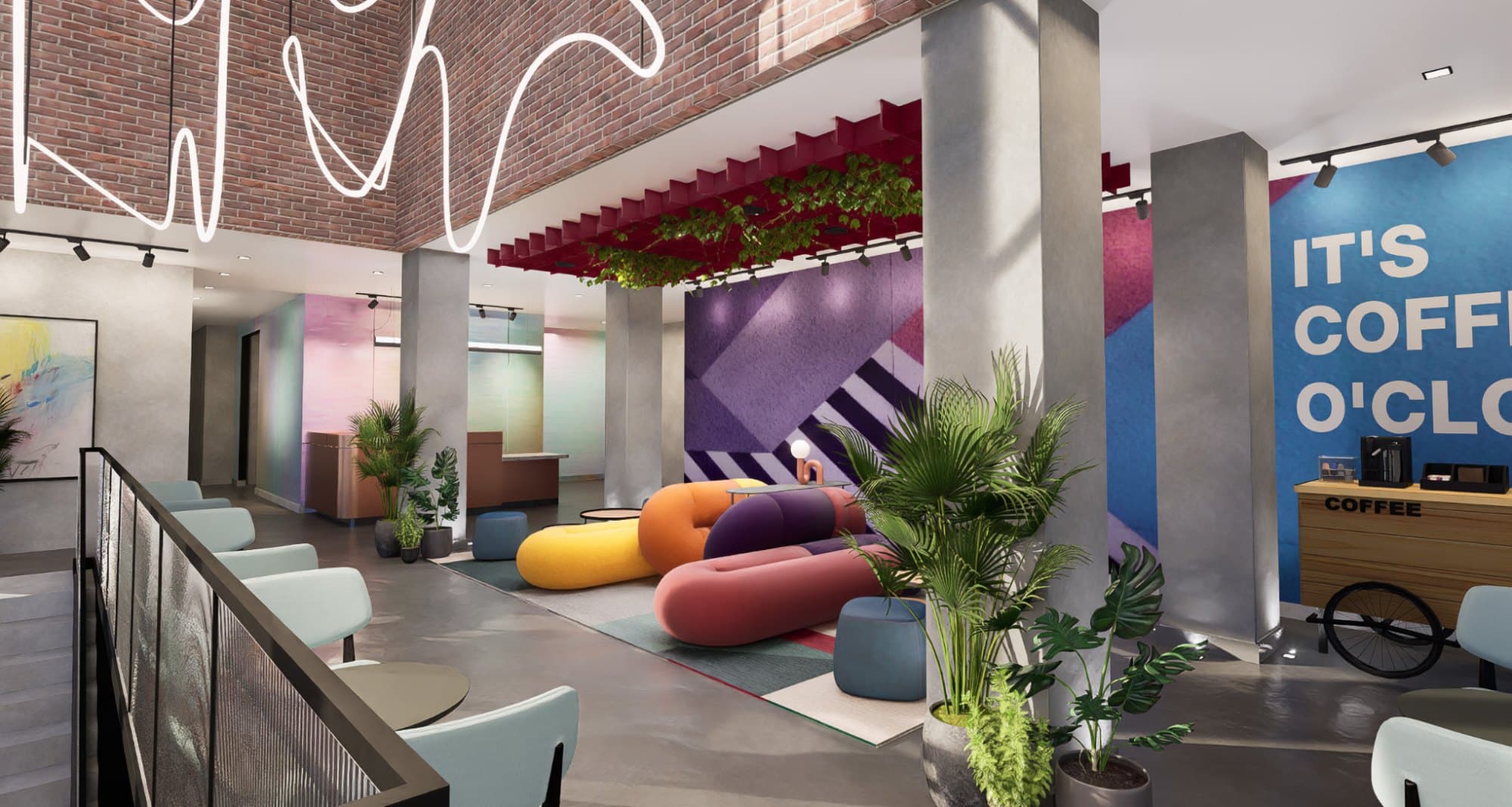 Rendering, lobby lounge and coffee bar at ALMA Cabbagetown