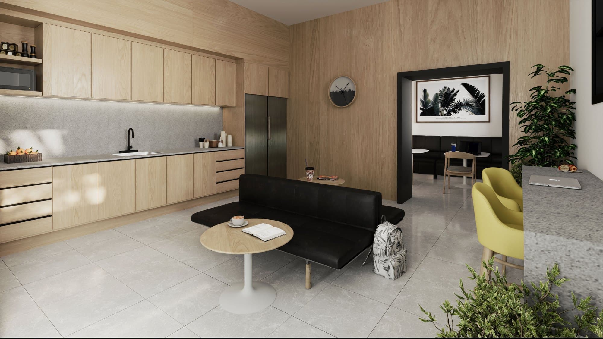 Rendering, ground floor work cafe at ALMA Greystone Village