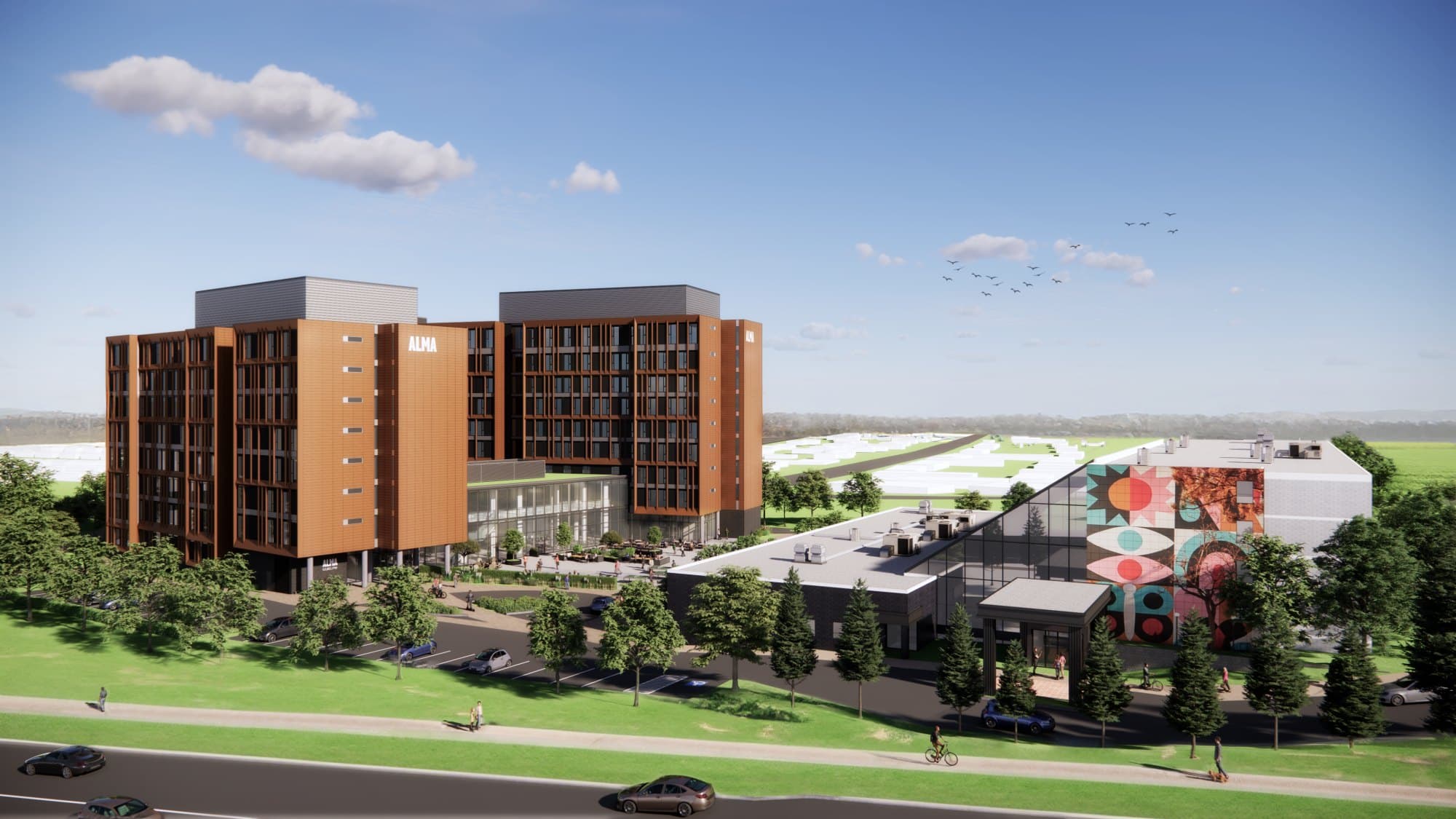Rendering, aerial of ALMA Guelph Phase 1 and Phase 2 at 601 Scottsdale Drive