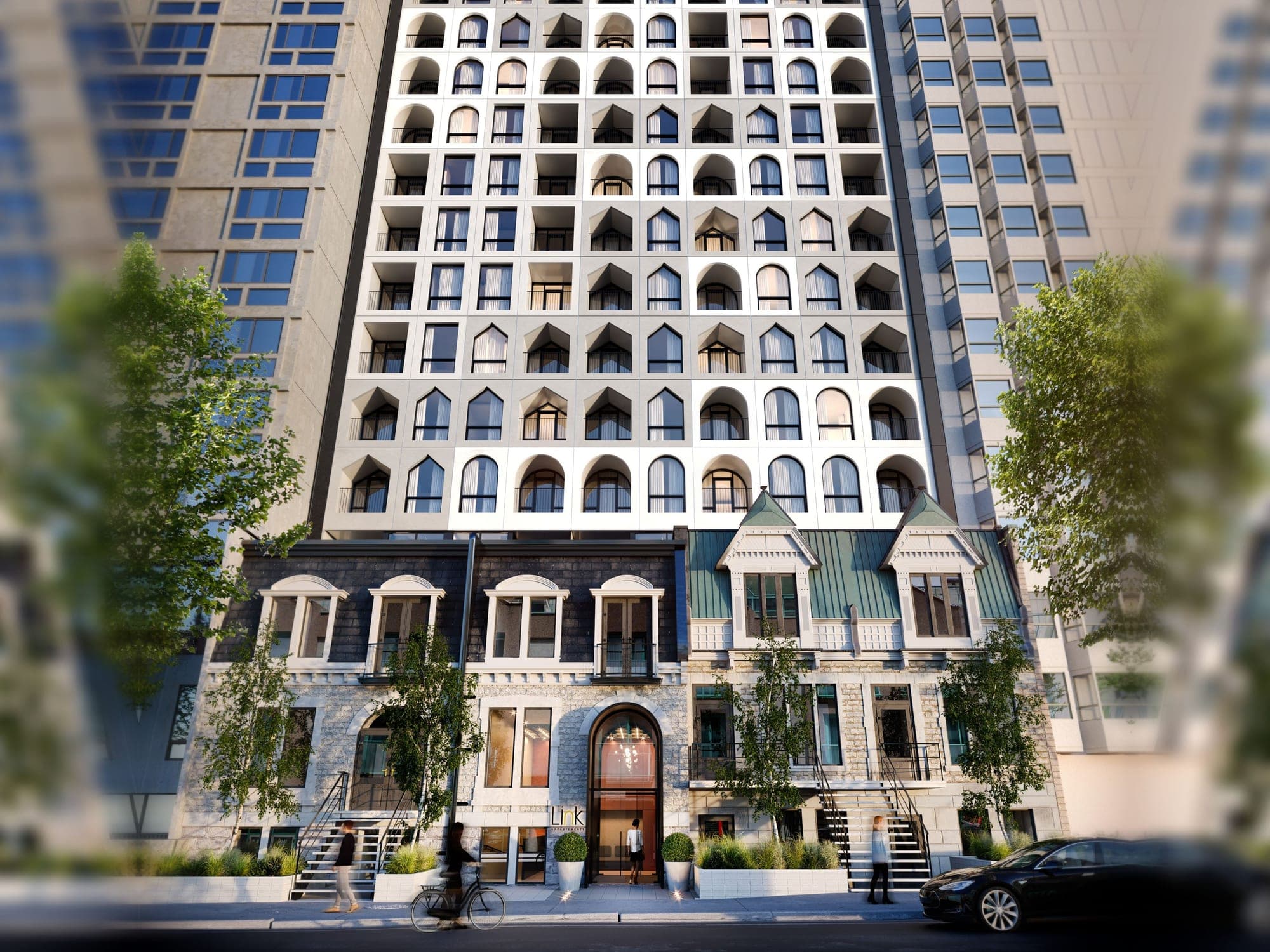 Rendering of ALMA Shaughnessy Village on Lincoln Avenue, the tower above the greystone rowhouses