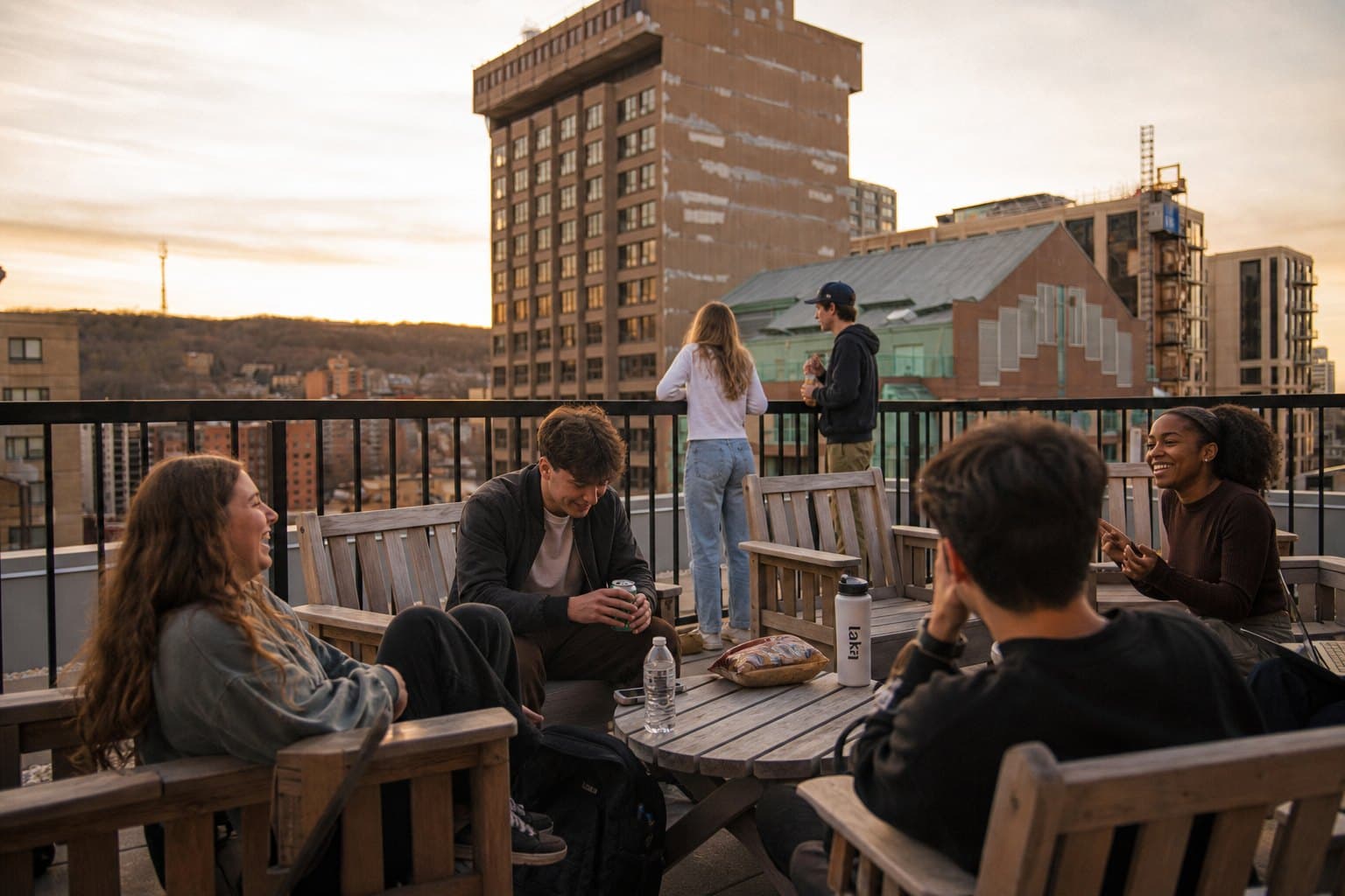 Residents on the ALMA Shaughnessy Village rooftop terrace at sunset